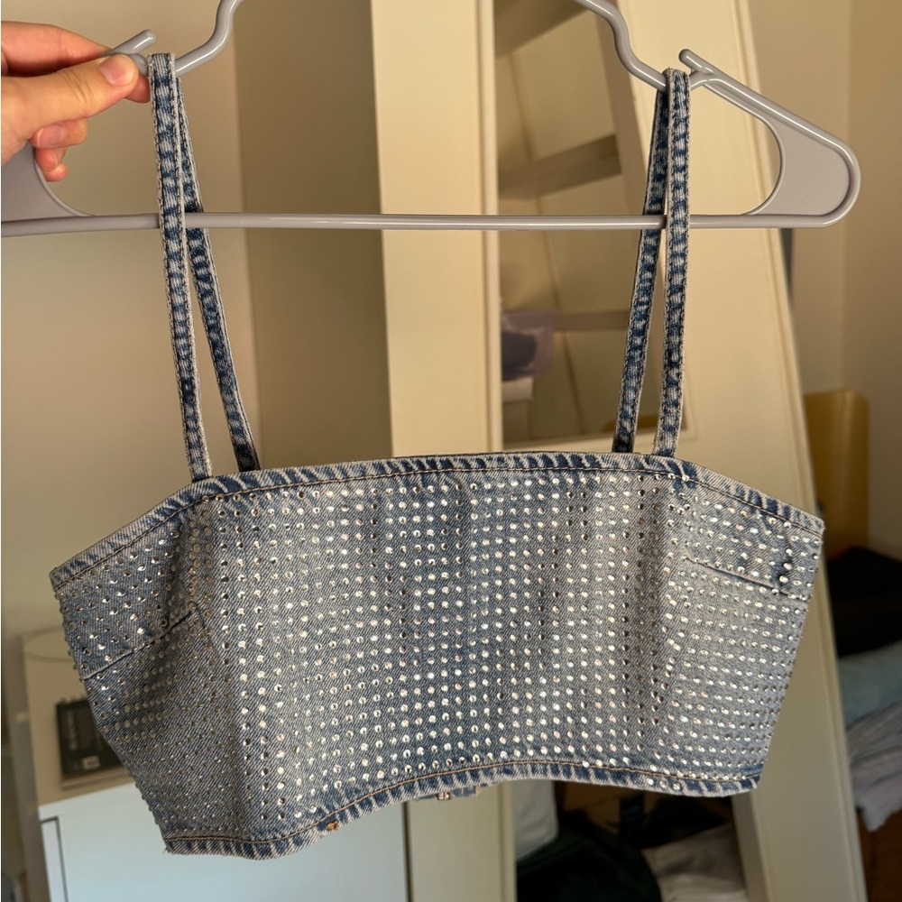 Zara Denim Rhinestone Crop Top NWOT